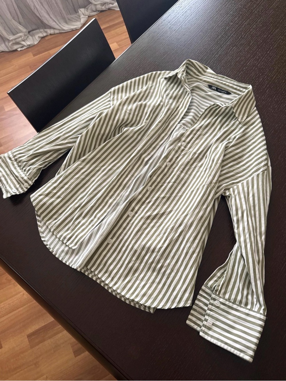 Zara Green and White Striped Button-Down Shirt